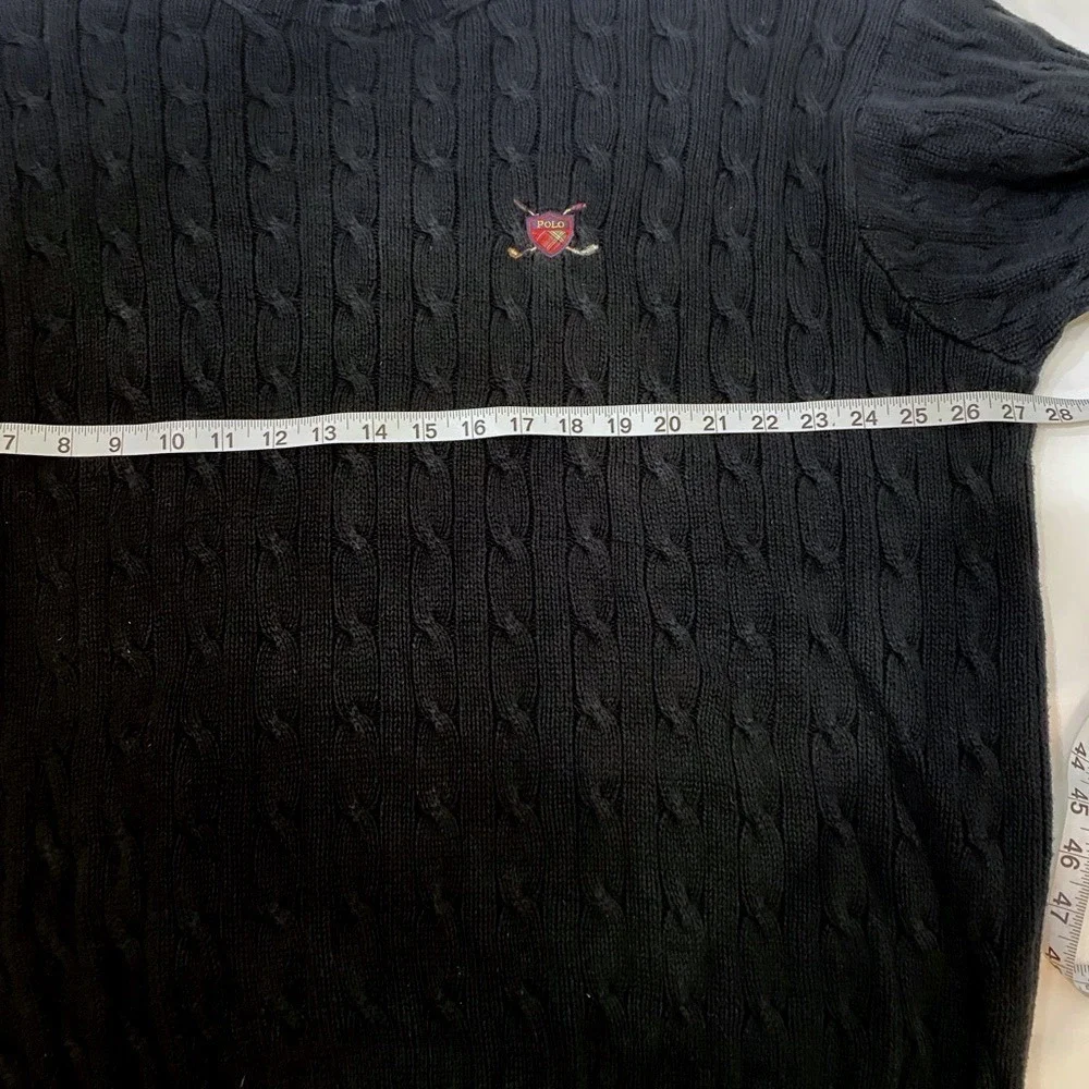 VTG‎ 90's Polo Ralph Lauren Black Cable Knit Cotton Crest Crew Neck Sweater XXL